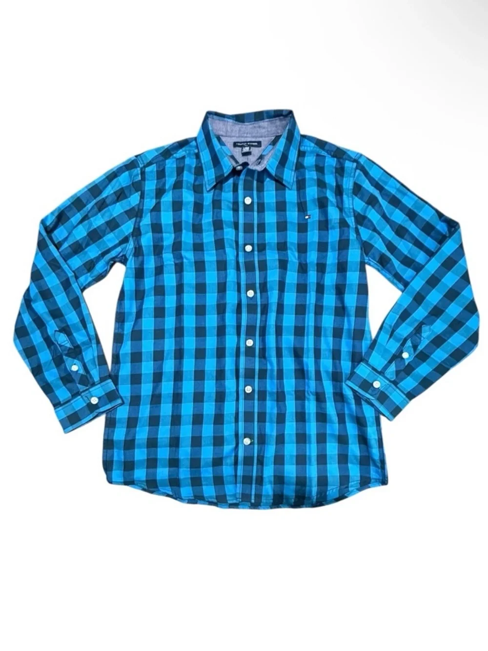 Tommy Hilfiger Boy’s Medieval Blue Twill Check Long Sleeve Button Up Shirt EUC